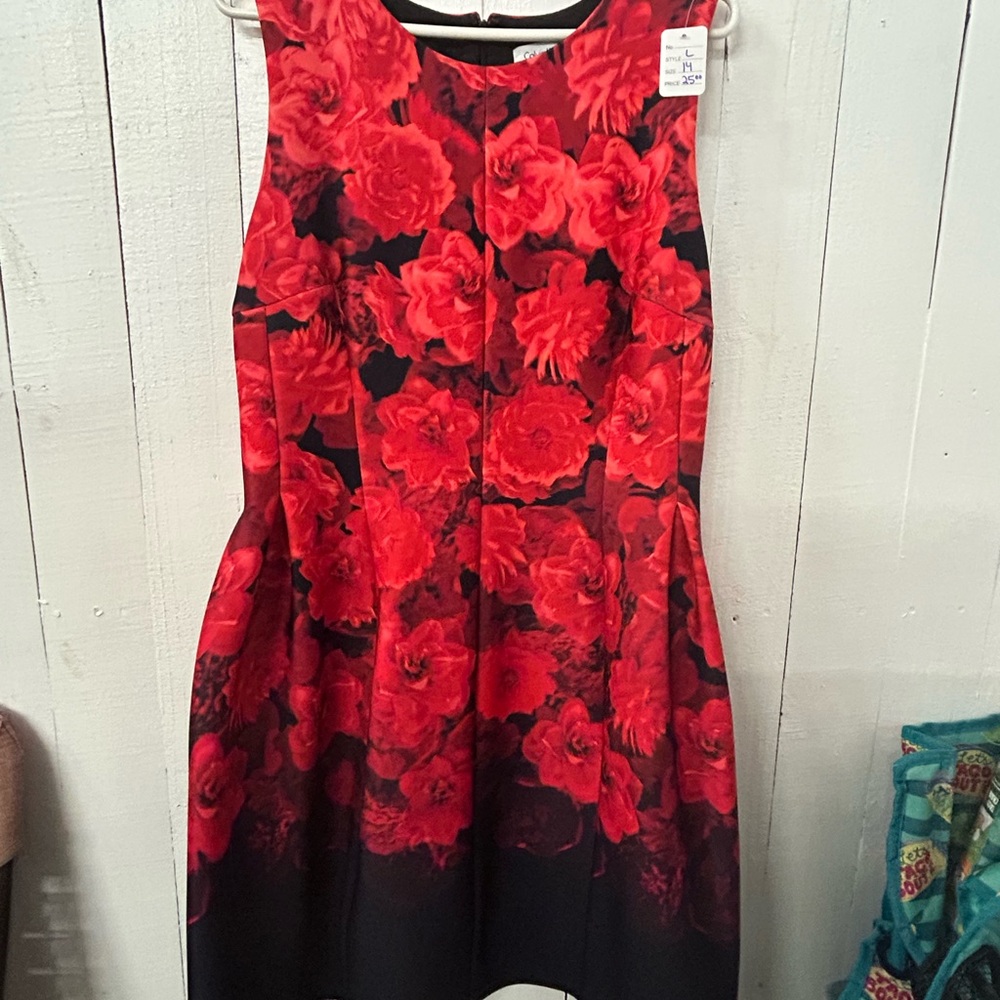 Calvin Klein Black and Red Floral Print Dress